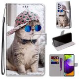 For Samsung Galaxy A52 5G Coloured Drawing Cross Texture Horizontal Flip PU Leather Case with Holder & Card Slots & Wallet & Lanyard(Slant Hat Blue Mirror Cat)