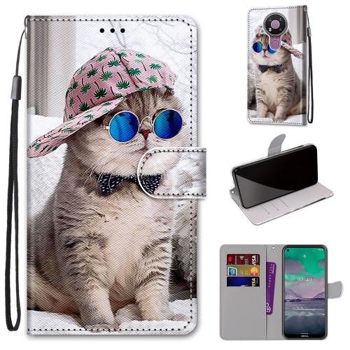 For Nokia 3.4 Coloured Drawing Cross Texture Horizontal Flip PU Leather Case with Holder & Card Slots & Wallet & Lanyard(Slant Hat Blue Mirror Cat)