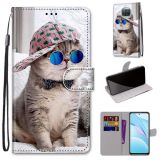 For Xiaomi Mi 10T Lite Coloured Drawing Cross Texture Horizontal Flip PU Leather Case with Holder & Card Slots & Wallet & Lanyard(Slant Hat Blue Mirror Cat)
