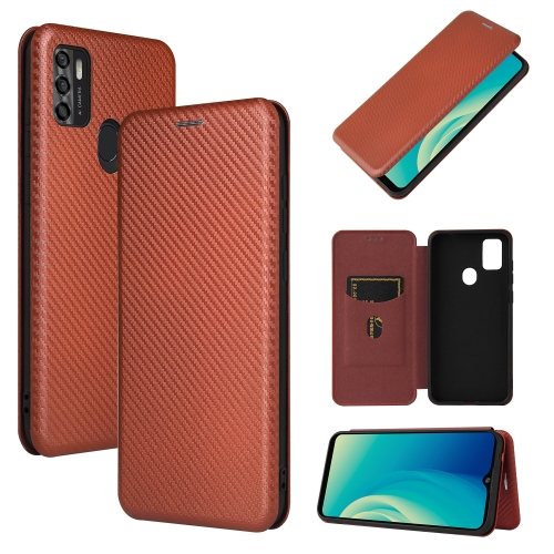For ZTE Blade A7s 2020 Carbon Fiber Texture Magnetic Horizontal Flip TPU + PC + PU Leather Case with Card Slot(Brown)