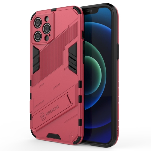 Punk Armor 2 in 1 PC + TPU Shockproof Case with Invisible Holder For iPhone 12 Pro Max(Light Red)