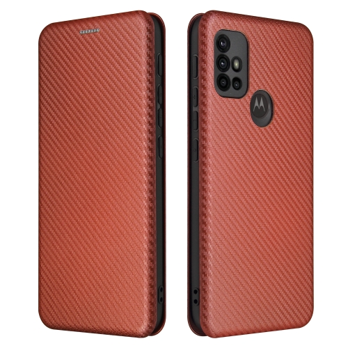 For Motorola Moto G30 / G10 Carbon Fiber Texture Magnetic Horizontal Flip TPU + PC + PU Leather Case with Card Slot(Brown)