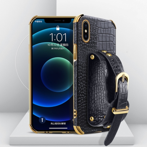 Electroplated TPU Crocodile Pattern Leather Case with Wrist Strap For iPhone XS / X(Black)