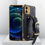 Electroplated TPU Crocodile Pattern Leather Case with Wrist Strap For iPhone 12(Black)