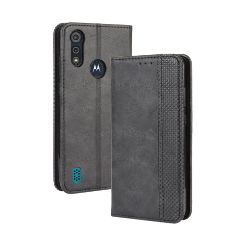 For Motorola Moto E6i Magnetic Buckle Retro Texture Horizontal Flip Leather Case with Holder & Card Slots & Photo Frame(Black)