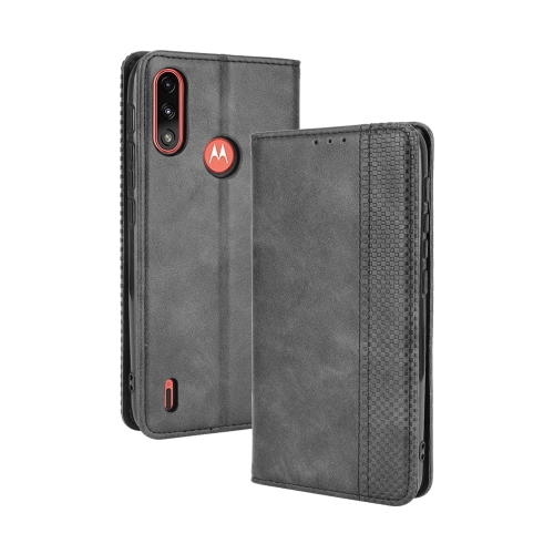 For Motorola Moto E7 Power Magnetic Buckle Retro Texture Horizontal Flip Leather Case with Holder & Card Slots & Photo Frame(Black)
