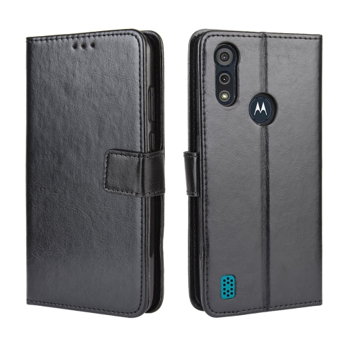 For Motorola Moto E6i Retro Crazy Horse Texture Horizontal Flip Leather Case with Holder & Card Slots & Lanyard(Black)