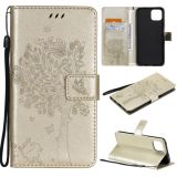 For OPPO A73 5G Tree & Cat Pattern Pressed Printing Horizontal Flip PU Leather Case with Holder & Card Slots & Wallet & Lanyard(Gold)