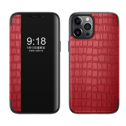 Crocodile Texture Display Window Horizontal Flip Leather Case For iPhone 12 / 12 Pro(Red)