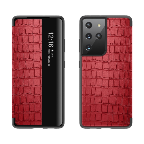 For Samsung Galaxy S21 5G Crocodile Texture Display Window Horizontal Flip Leather Case(Red)