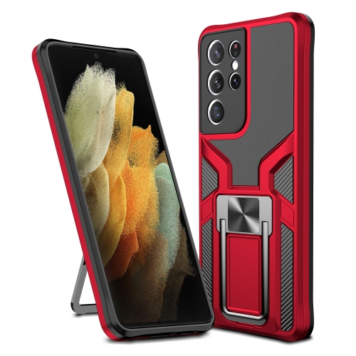 For Samsung Galaxy S21 Ultra 5G Armor 2 in 1 PC + TPU Magnetic Shockproof Case with Foldable Holder(Red)
