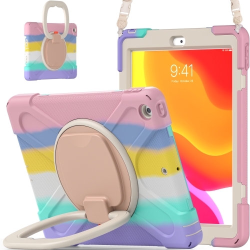 Colorful Silicone + PC Protective Case with Holder & Shoulder Strap For Apple iPad 10.2 2019 / 2020(Pink)