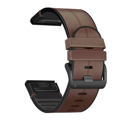 For Garmin Fenix 6X Silicone + Leather Quick Release Replacement Strap Watchband(Coffee)