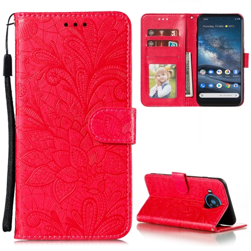 For Nokia 8.3 5G Lace Flower Embossing Pattern Horizontal Flip Leather Case with Holder & Card Slots & Wallet & Photo Frame(Red)