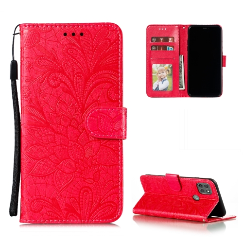 For Motorola Moto G9 Power Lace Flower Embossing Pattern Horizontal Flip Leather Case with Holder & Card Slots & Wallet & Photo Frame(Red)