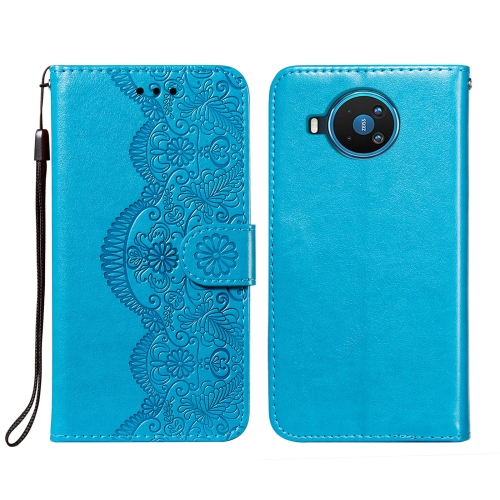 For Nokia 8.3 5G Flower Vine Embossing Pattern Horizontal Flip Leather Case with Card Slot & Holder & Wallet & Lanyard(Blue)