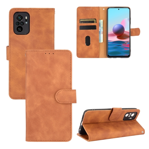 For Xiaomi Redmi Note 10S Solid Color Skin Feel Magnetic Buckle Horizontal Flip Calf Texture PU Leather Case with Holder & Card Slots & Wallet(Brown)