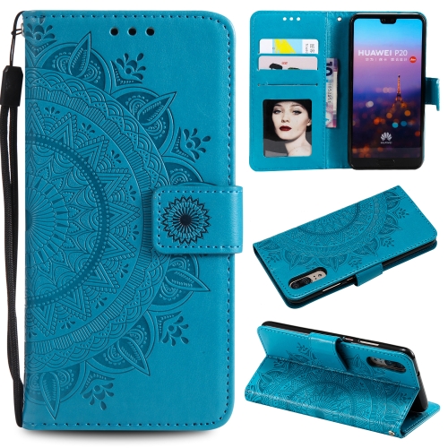 For Huawei P20 Totem Flower Embossed Horizontal Flip TPU + PU Leather Case with Holder & Card Slots & Wallet(Blue)