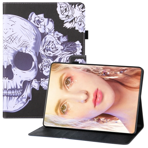 For Samsung Galaxy Tab A7 (2020) T500 Colored Drawing Horizontal Flip PU Leather Case with Holder & Card Slots & Wallet & Sleep / Wake-up Function(Flower Skull)