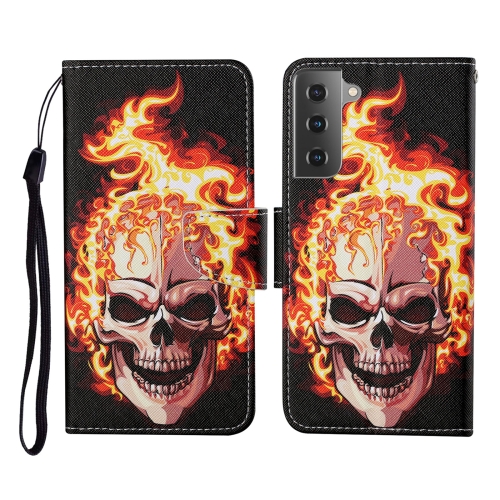 For Samsung Galaxy S21 5G Colored Drawing Pattern Horizontal Flip Leather Case with Holder & Card Slots & Wallet & Lanyard(Flame Skull)