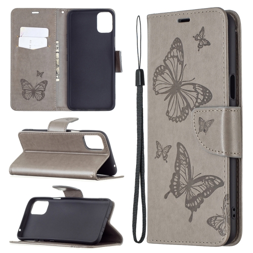 For LG K42 Two Butterflies Embossing Pattern Horizontal Flip Leather Case with Holder & Card Slot & Wallet & Lanyard(Grey)
