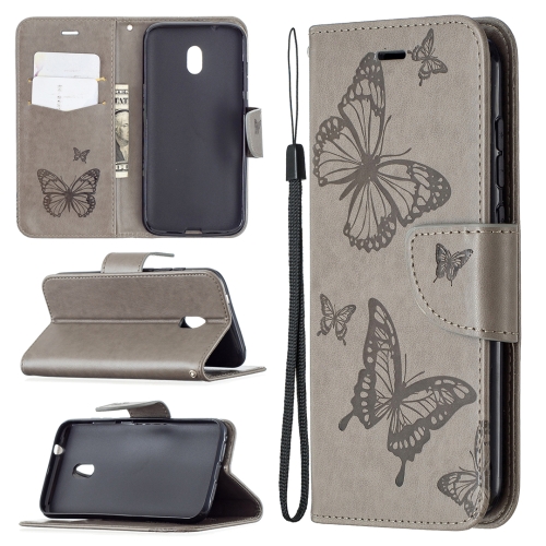 For Nokia C1 Plus Two Butterflies Embossing Pattern Horizontal Flip Leather Case with Holder & Card Slot & Wallet & Lanyard(Grey)
