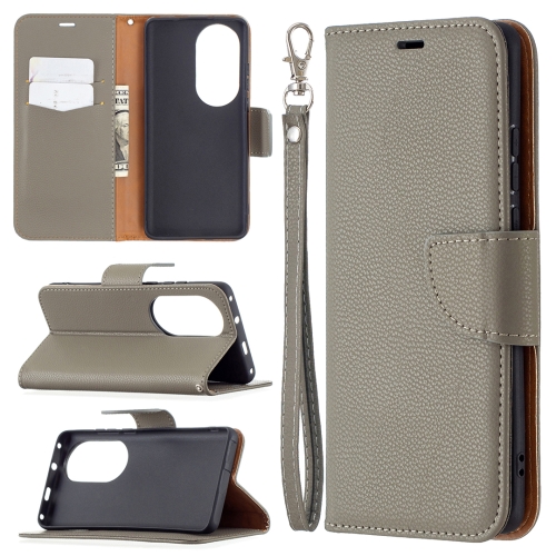 For Huawei P50 Pro Litchi Texture Pure Color Horizontal Flip Leather Case with Holder & Card Slots & Wallet & Lanyard(Grey)