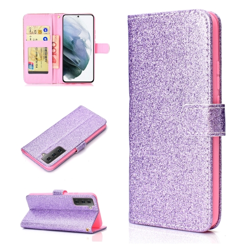 For Samsung Galaxy S21 5G Glitter Powder Horizontal Flip Leather Case with Card Slots & Holder & Photo Frame & Wallet(Purple)