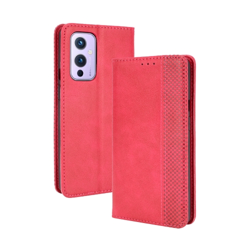 For OnePlus 9 (Europe and America Version) Magnetic Buckle Retro Crazy Horse Texture Horizontal Flip Leather Case with Holder & Card Slots & Photo Frame(Red)