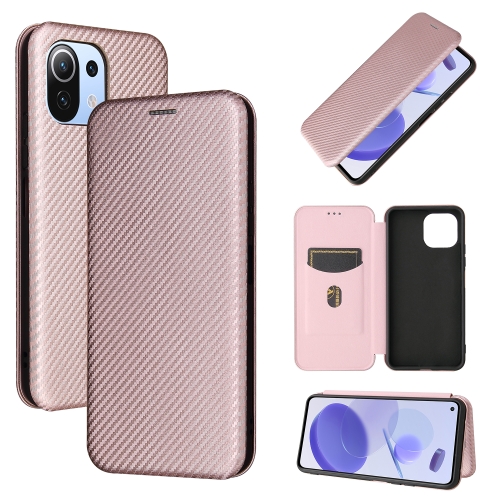 For Xiaomi Mi 11 Lite Carbon Fiber Texture Magnetic Horizontal Flip TPU + PC + PU Leather Case with Card Slot(Pink)