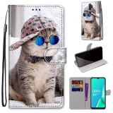 For OPPO A9 (2020) / A5 (2020) / A11X / A11 Coloured Drawing Cross Texture Horizontal Flip PU Leather Case with Holder & Card Slots & Wallet & Lanyard(Slant Hat Blue Mirror Cat)