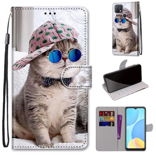 For OPPO A15 / A15s Coloured Drawing Cross Texture Horizontal Flip PU Leather Case with Holder & Card Slots & Wallet & Lanyard(Slant Hat Blue Mirror Cat)