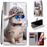 For OPPO Realme 5 / 5s / 5i / C3 / C3i / 6i / Narzo10 / 10A / 20A Coloured Drawing Cross Texture Horizontal Flip PU Leather Case with Holder & Card Slots & Wallet & Lanyard(Slant Hat Blue Mirror Cat)