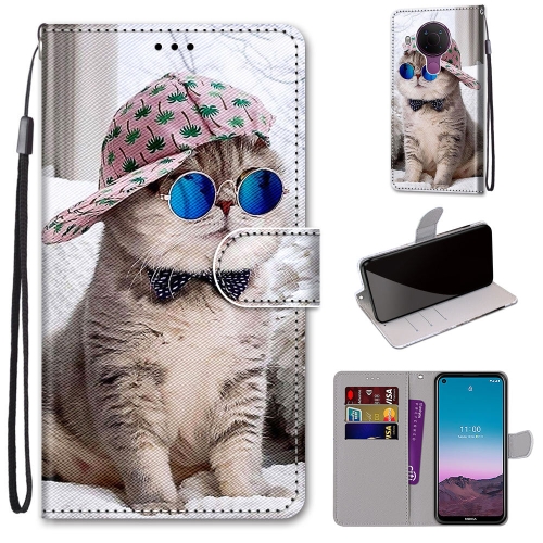 For Nokia 5.4 Coloured Drawing Cross Texture Horizontal Flip PU Leather Case with Holder & Card Slots & Wallet & Lanyard(Slant Hat Blue Mirror Cat)