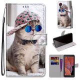 For Samsung Galaxy Xcover 5 Coloured Drawing Cross Texture Horizontal Flip PU Leather Case with Holder & Card Slots & Wallet & Lanyard(Slant Hat Blue Mirror Cat)