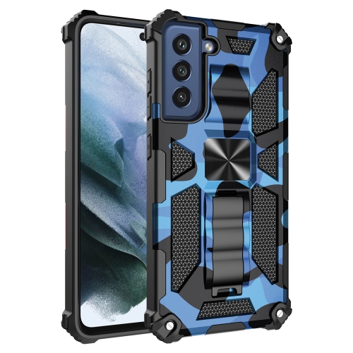 For Samsung Galaxy S21 FE Camouflage Armor Shockproof TPU + PC Magnetic Protective Case with Holder(Blue)