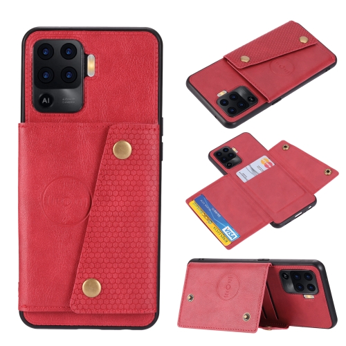 For OPPO A94 Double Buckle PU + TPU Shockproof Magnetic Protective Case with Card Slot & Holder(Red)