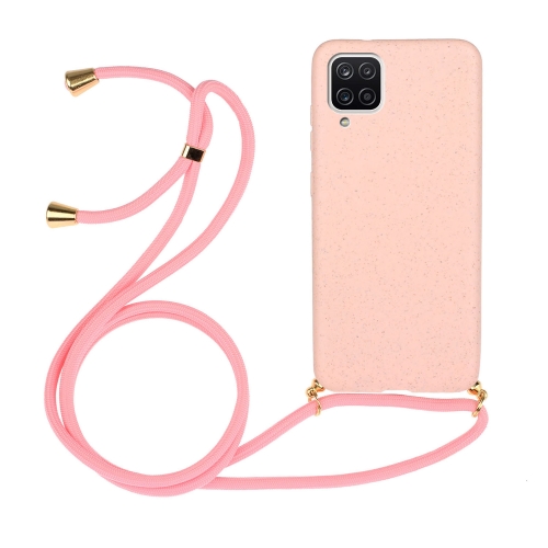 For Samsung Galaxy A12 Wheat Straw Material + TPU Protective Case with Lanyard(Pink)