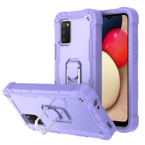 For Samsung Galaxy A02s PC + Rubber 3-layers Shockproof Protective Case with Rotating Holder(Purple)