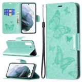 For Samsung Galaxy S21 FE Embossing Two Butterflies Pattern Horizontal Flip PU Leather Case with Holder & Card Slot & Wallet & Lanyard(Green)