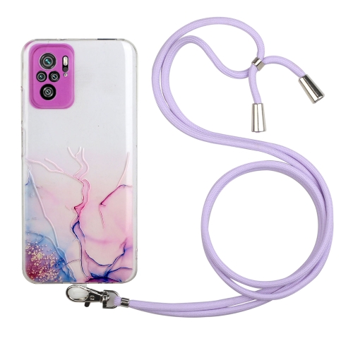 For Xiaomi Redmi Note 10 4G Hollow Marble Pattern TPU Shockproof Protective Case with Neck Strap Rope(Pink)