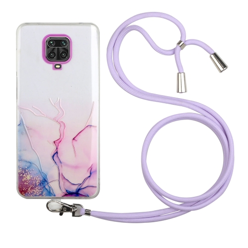 For Xiaomi Redmi Note 9S/Note 9 Pro/Note 9 Pro Max Hollow Marble Pattern TPU Shockproof Protective Case with Neck Strap Rope(Pink)