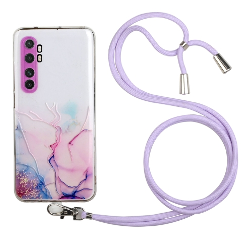 For Xiaomi Mi Note 10 Lite Hollow Marble Pattern TPU Shockproof Protective Case with Neck Strap Rope(Pink)