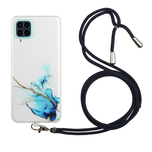 For Samsung Galaxy A12 5G Hollow Marble Pattern TPU Shockproof Protective Case with Neck Strap Rope(Blue)