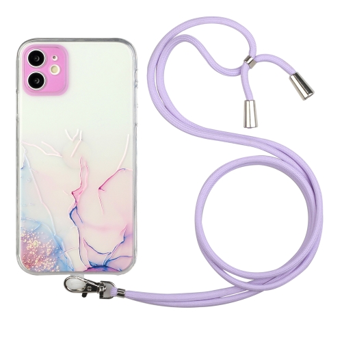 Hollow Marble Pattern TPU Shockproof Protective Case with Neck Strap Rope For iPhone 12 mini(Pink)