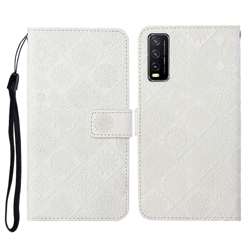 For vivo Y20 Ethnic Style Embossed Pattern Horizontal Flip Leather Case with Holder & Card Slots & Wallet & Lanyard(White)