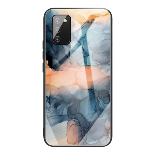 For Samsung Galaxy A02s (EU Version) Abstract Marble Pattern Glass Protective Case(Abstract Blue)