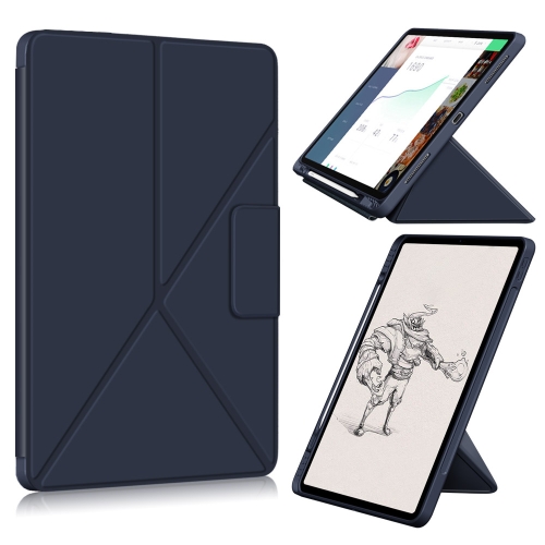 For iPad Pro 12.9 (2021) Cloth Texture Multi-folding Horizontal Flip PU Leather Shockproof Case with Holder & Sleep / Wake-up Function (Dark Blue)