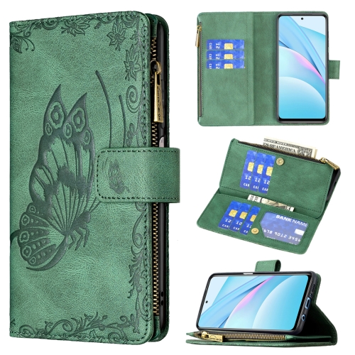 For Xiaomi Mi 10T Lite 5G Flying Butterfly Embossing Pattern Zipper Horizontal Flip Leather Case with Holder & Card Slots & Wallet(Green)