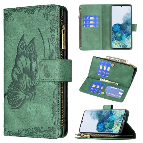 For Samsung Galaxy S20 Plus Flying Butterfly Embossing Pattern Zipper Horizontal Flip Leather Case with Holder & Card Slots & Wallet(Green)